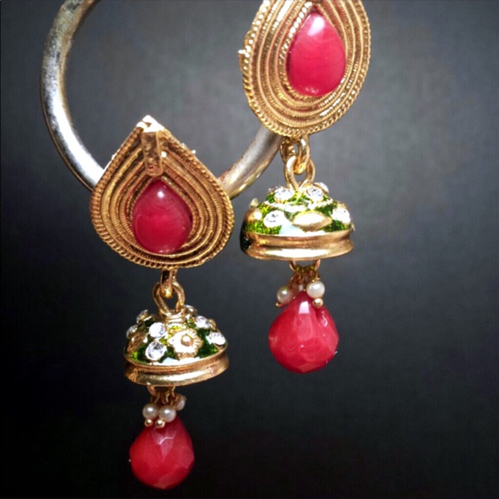 Red & green Bollywood jhumka earrings